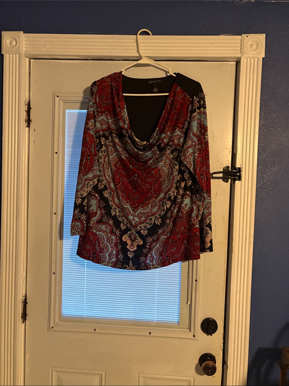 INC International Concepts Red & Blue Paisley Cowl Neck Blouse
